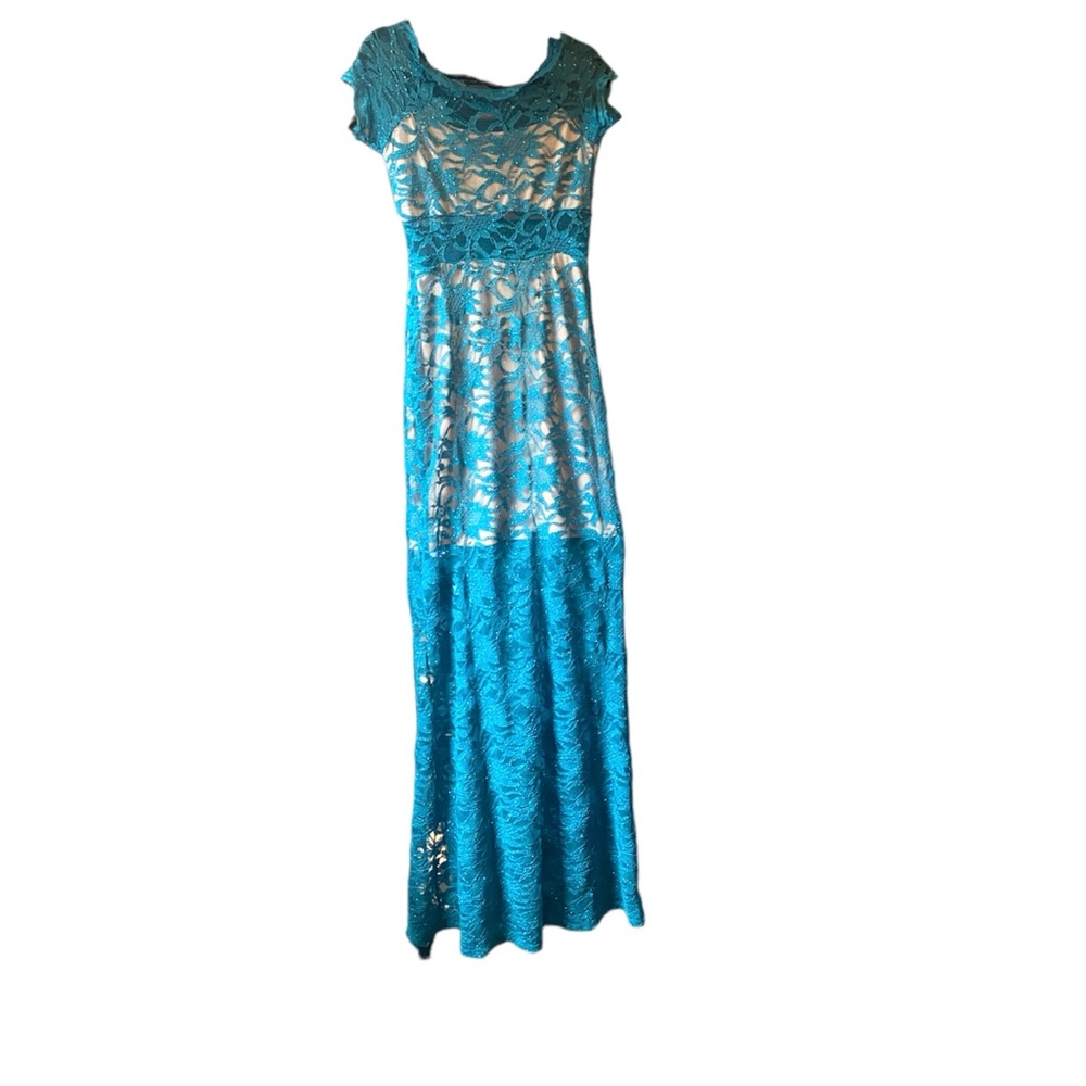 Teal Lace Prom Homecoming Dress Morgan & Co. Size 7/8 Juniors Gown